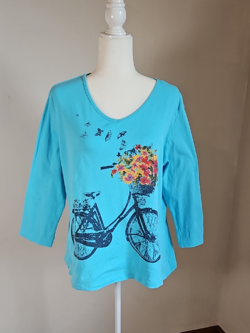 Jess &Jane LG Bike Ride Floral Butterfly Blue Tee Sleeves Casual Cotton